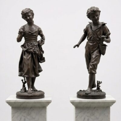 Antiek paar spelter beelden — Ernest Rancoulet, Frankrijk ca. 1880–1900